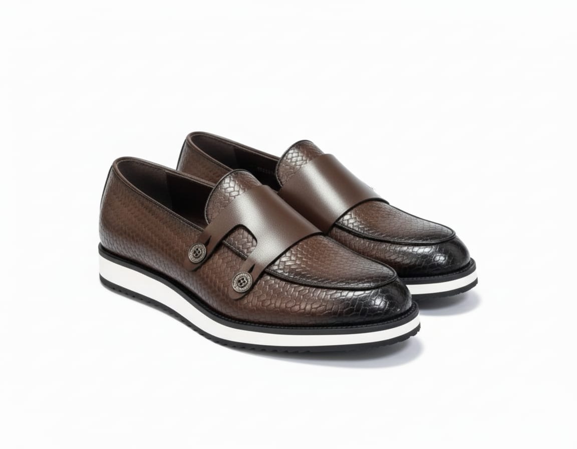 Executive Monk Loafers - Chocolate Python Premium Quality Leather 
White Sole - Casual + Official